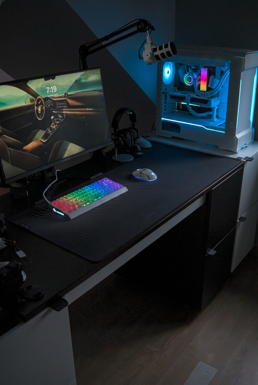 Dark minimal desk setup with monitor, keyboard, mouse and PC with RGB lighting